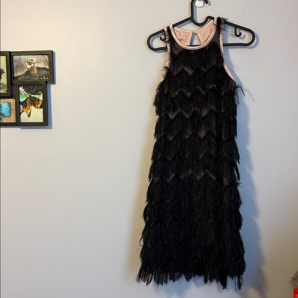 Ava & Yelly Black Sleeveless Eyelash-Pattern Fringe Trim Swing Dress size 16